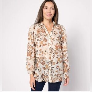 Susan Graver Petite Sheer Floral Woven Clip Dot Button Front Tunic XLP